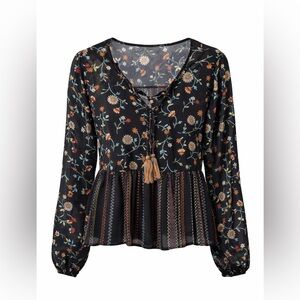 Chenault Black Floral BoHo Blouse Size:M 
V neck tassels !Gorgeous and flowy!
